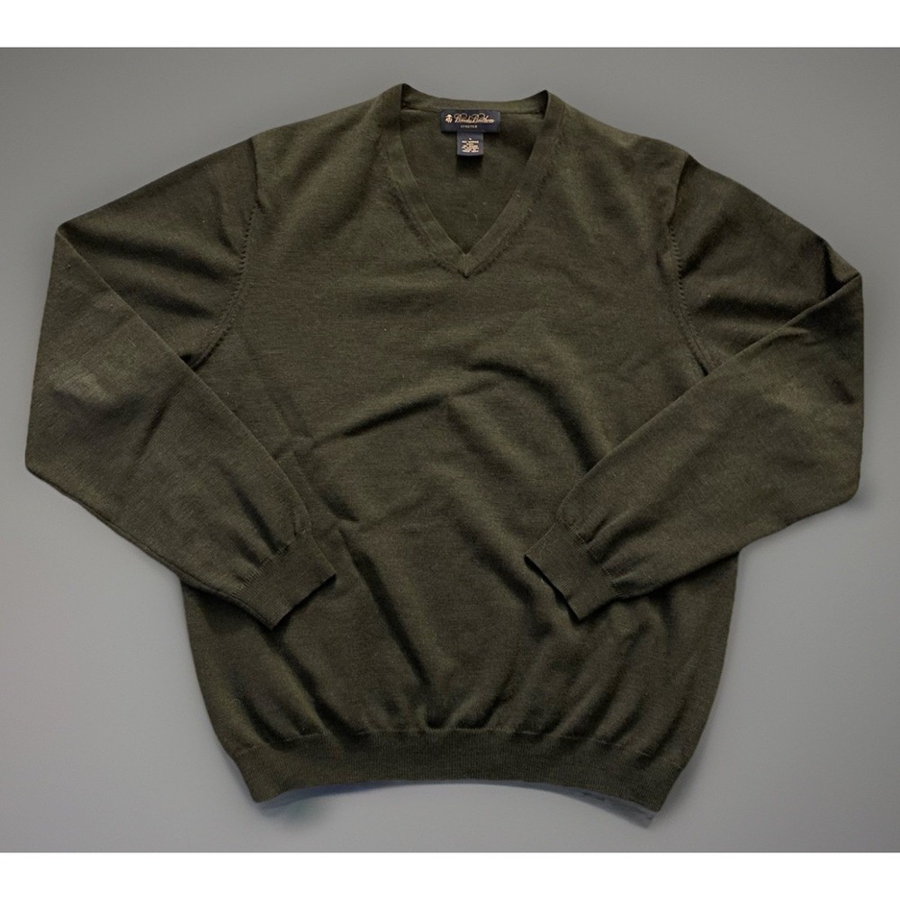 Brooks Brothers Merino Wool Long Sleeve V Neck Pullover Sweater Green Large JBHS